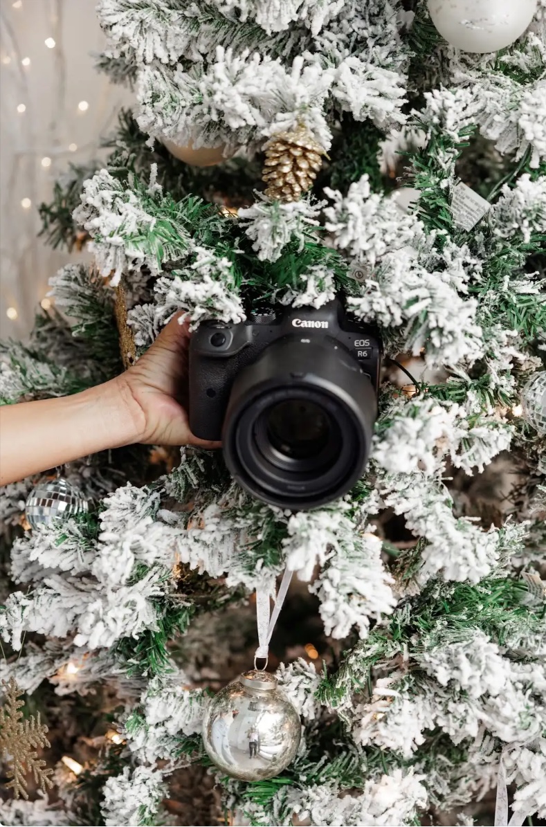 "Camera in front of a decorated Christmas tree, ready to capture holiday memories."
