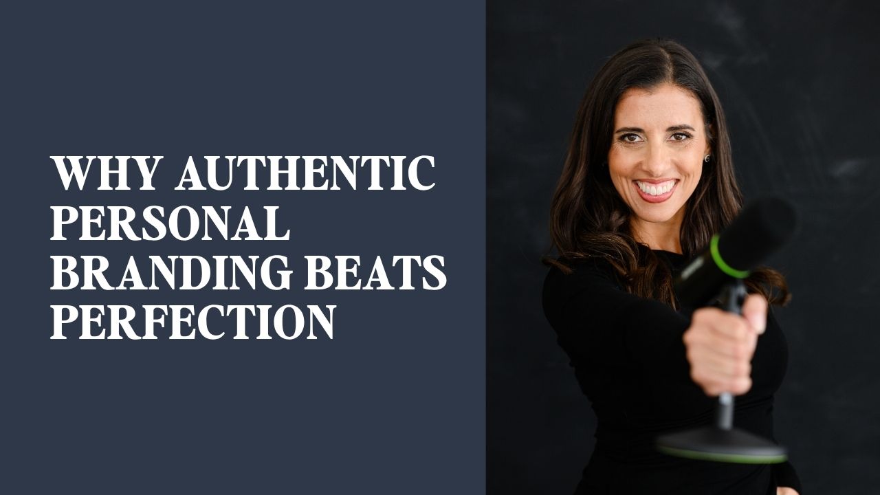 The Branded Impact Podcast episode cover with Jo Espejo holding a microphone, titled Why Authentic Personal Branding Beats Perfection.