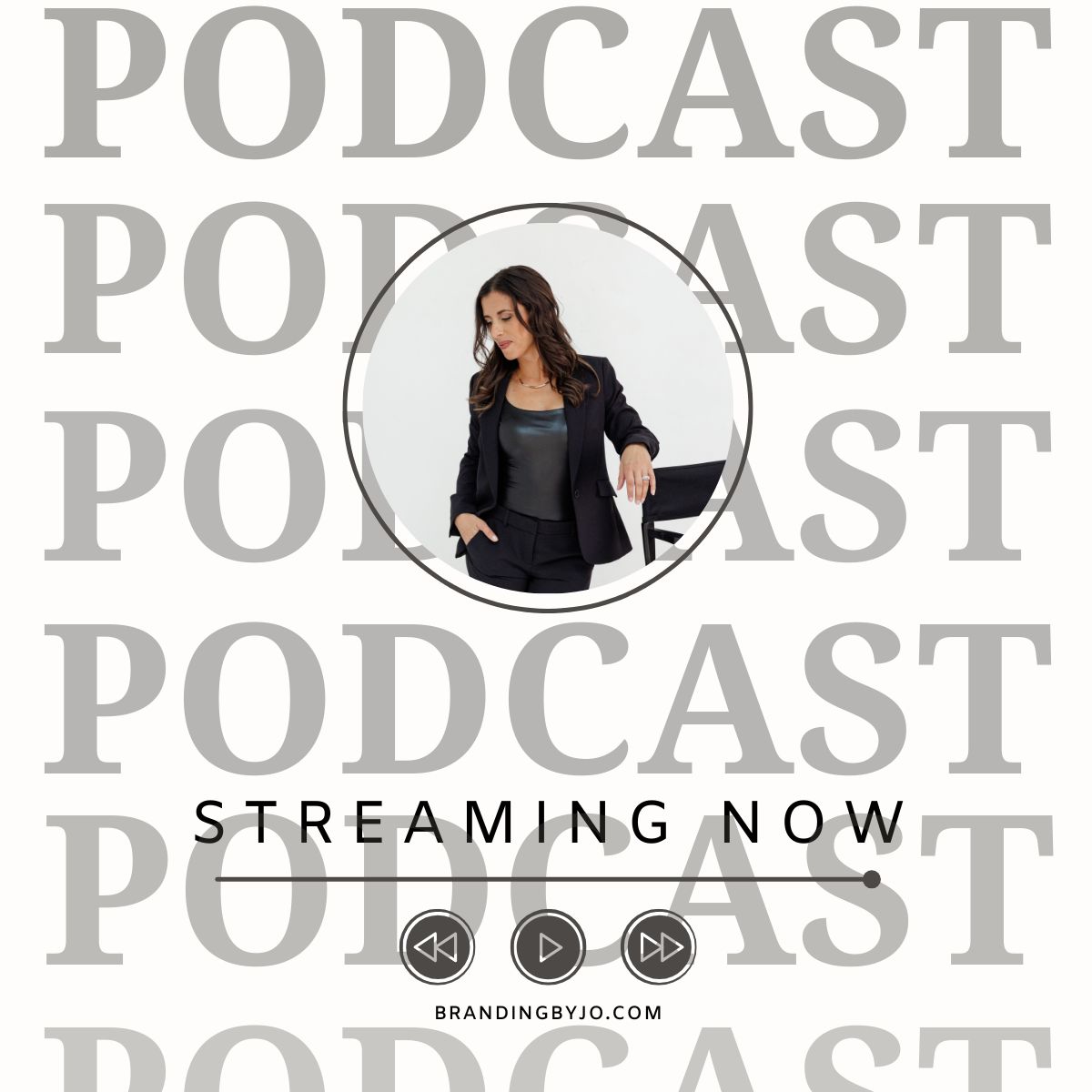 Branding by Jo promotional graphic for The Branded Impact Podcast featuring Jo Espejo in a black blazer and leather top, with the word PODCAST repeated in the background and the text ‘Streaming Now’ at the bottom.