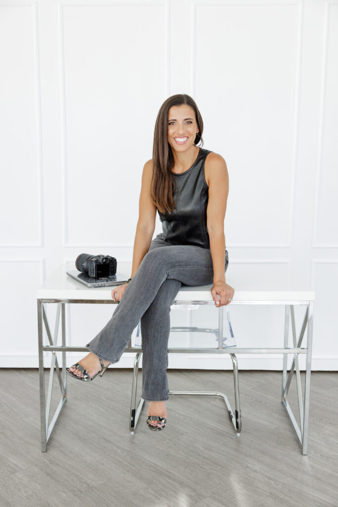 Jocelyn Espejo, branding strategist and host of The Branded Impact Podcast, seated in a modern studio setting, representing personal branding and women entrepreneur leadership.